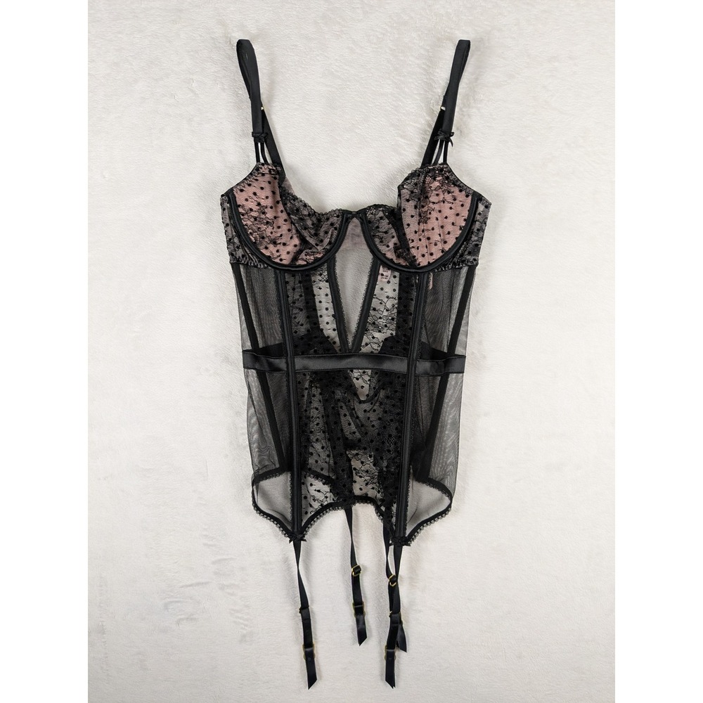 NWT $90 Victoria's Secret Black Mesh Polka Dot Corset Bustier Garter Straps S/P